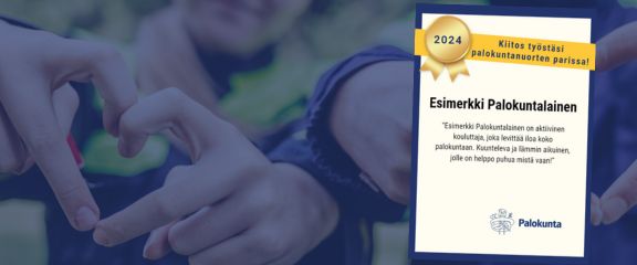 Kiitosdiplomi ja taustalla kuva palokuntanuorista, jotka muodostaneet sormillaan sydänkuviot